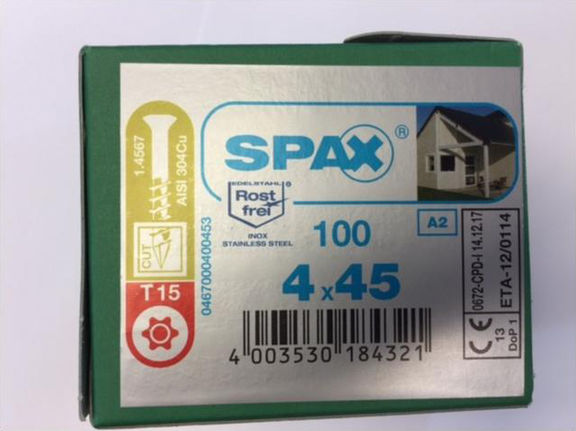 Spax Stainless 4.0 x 45mm x 100 box facade screw