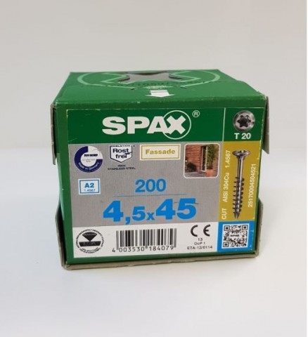 Spax Stainless 4.5 x 45mm x 200 box facade screw